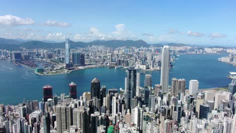 Hong-Kong-skyline-with-skyscrapers-and-bay-view-on-a-beautiful-clear-day,-Aerial-view