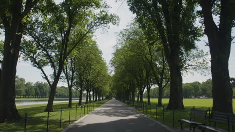 tilt-down-from-the-sun-coming-through-trees-on-an-empty-walking-path-on-the-National-Mall-in-Washington-DC-with-no-people,-empty