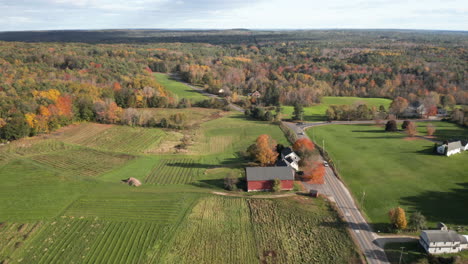Gorgeous-wide-angle-drone-shot-of-farmlands-in-Pownal,-Maine