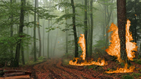 Waldbrand,-Der-Vom-Boden-Aus-Zu-Brennen-Beginnt,-Und-Geht-Für-Die-VFX-Animation-Der-Bäume-Mit-Herumfliegenden-Feuerpartikeln