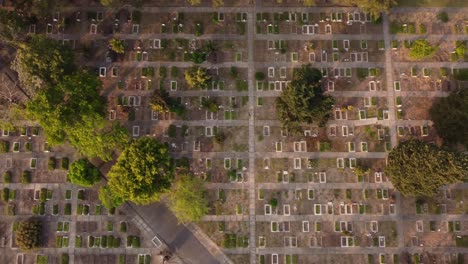 Chacarita-Cemetery-area,-Buenos-Aires.-Aerial-top-down-sideways