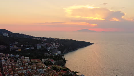 Aerial-Drone-View-of-Beautiful-Sunset-over-Sorrento,-Southern-Italy