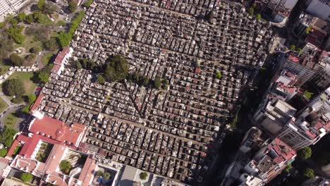 Aerial-birds-eye-shot-of-Recoleta-Cementery-beisde-luxury-district-of-Buenos-Aires,Argentina---Circling-shot