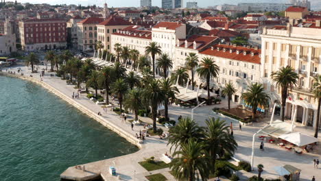 Split-Riva-Waterfront-Walkway-In-Croatia---aerial-drone-shot