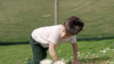 Caucasian-five-years-old-boy,-climbing-up-a-hill-with-daisies-,-slow-motion,-medium-close-up-shot