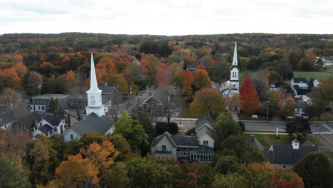 Stunning-aerial-view-of-the-churches-in-downtown-Yarmouth,-Maine