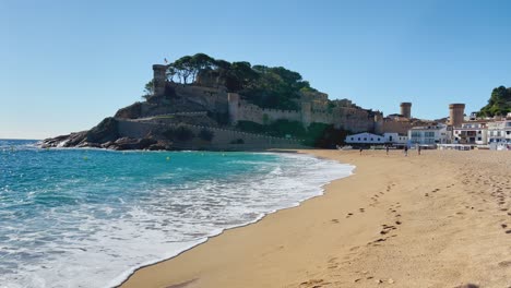 Castle-walled-enclosure-on-the-sea-in-Tossa-de-Mar,-Girona-Spain-Costa-Brava-turquoise-water-beaches