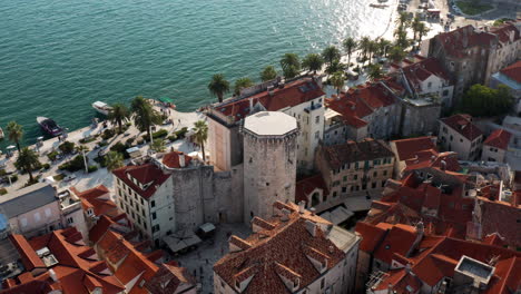 Aerial-Of-Vocni-Trg-With-An-Octagonal-Venetian-Tower-And-Magnificent-Baroque-Palace-Milesie-In-Split,-Croatia