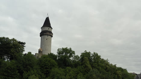 Aerial-Shot-Of-European-Medieval-Castle,-Historic-Tourist-Destination