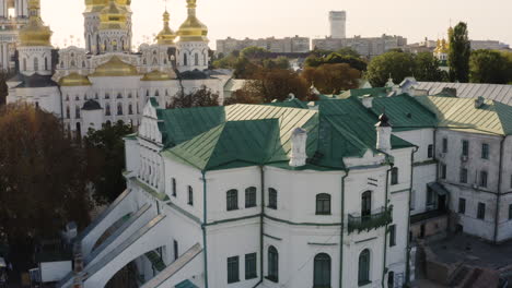 Kiev-Pechersk-Lavra,-historic-Orthodox-Christian-monastery-in-Kiev,-Ukraine---aerial-drone-shot