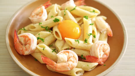 homemade-penne-pasta-white-cream-sauce-with-shrimps-and-egg