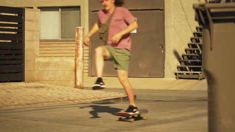 Skateboarder-with-long-curly-hair-ride-in-streets-of-Los-Angeles-coast