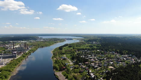 Nemunas-river-and-Panemune-town-with-view-of-Kaunas-HES,-aerial-drone-view