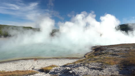 Yellowstone-National-Park,-Steam-Above-Hot-Spring-Water-and-Pool,-Panorama,-Full-Frame