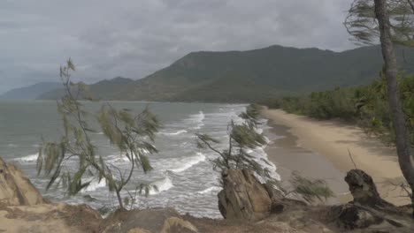 Ocean-Waves-And-Green-Trees-Swaying-On-A-Strong-Wind-At-The-Thala-Beach-In-Oak-Beach-Town,-Shire-Of-Douglas,-Australia