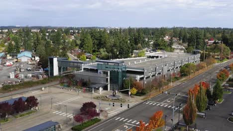 Aerial-View-On-Lakewood-Sound-Transit-Station-Along-Pacific-Highway,-Southwest-Lakewood,-Washington,-United-States---drone-shot