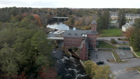 Gorgeous-aerial-view-of-the-Sparhawk-Mill-in-Yarmouth,-Maine