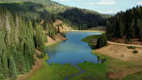 Beautiful-ascending-aerial-drone-shot-of-a-stunning-nature-landscape-of-the-Anderson-Meadow-Reservoir-lake-up-Beaver-Canyon-in-Utah-with-large-pine-tree-forest,-a-small-stream,-and-a-grass-field
