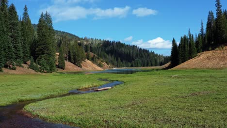 Beautiful-flying-out-aerial-drone-shot-of-a-stunning-nature-landscape-of-the-Anderson-Meadow-Reservoir-lake-up-Beaver-Canyon-in-Utah-with-large-pine-tree-forest,-a-small-stream,-and-a-grass-field