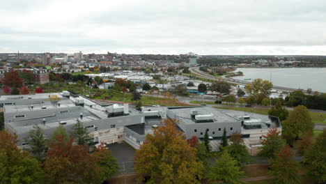 Stunning-aerial-reveal-of-of-Portland,-Maine's-East-End-Skyline