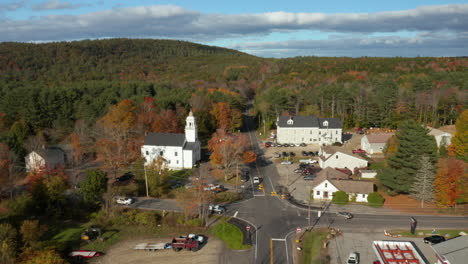 Gorgeous-high-angle-view-of-the-rural-town-of-Pownal,-Maine-with-Bradbury-Mountain-in-the-background