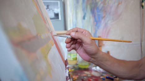 Atelier-Painting-Artist,-Painting-Hand-Pan-Left-Slow-Motion