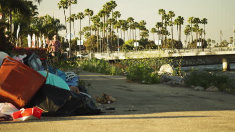 Skateboarded-rides-through-pile-of-garbage-in-tropical-location-of-Los-Angeles,-static-view