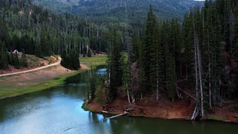 Beautiful-left-trucking-aerial-drone-shot-of-a-stunning-nature-landscape-of-the-Anderson-Meadow-Reservoir-lake-up-Beaver-Canyon-in-Utah-with-large-pine-tree-forest,-a-small-stream,-and-a-grass-field