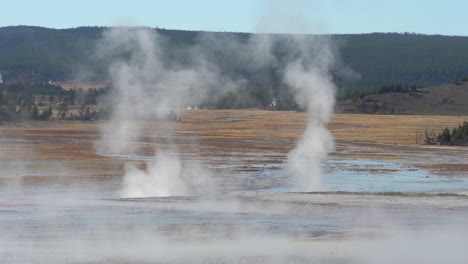 Steam-Above-Geysers-and-Hydrothermal-Natural-Pools-of-Yellowstone-National-Park,-Wyoming-USA,-Full-Frame