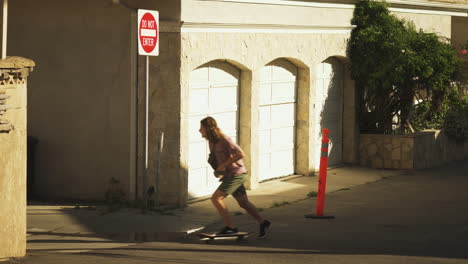 Skater-rides-and-stops-before-going-into-forbidden-area,-static-view