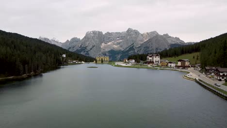 High-mountain-hotel-located-by-the-lake-in-Dolomites