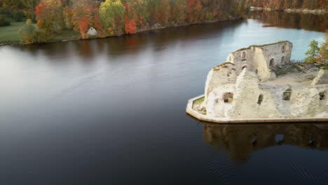 Autumn-Aerial-Landscape-Old-Koknese-Castle-Ruins-and-River-Daugava-Located-in-Koknese-Latvia