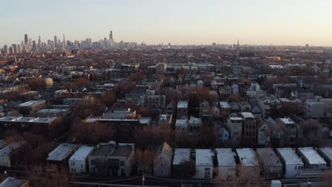 Drone-Flying-Above-North-Side-Chicago-Neighborhood-on-Beautiful-Day-at-Sunset