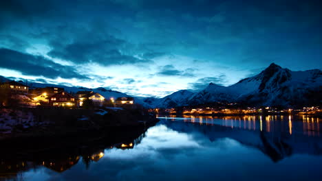 Absolutely-stunning-glassy-dusk-shot-of-Svolvær,-Lofoten,-Norway
