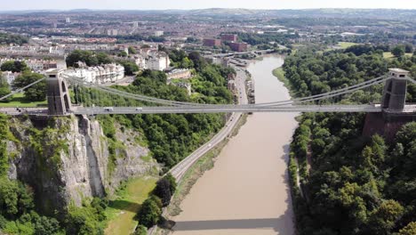 Aerial-Over-River-Avon-With-View-Of-Clifton-Suspension-Bridge-On-Sunny-Day