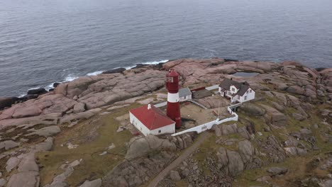 Ryvingen-island-and-lighthouse-outside-Mandal-in-southern-Norway---Old-unmanned-operative-lighthouse-for-ship-coastal-navigation---Aerial-rotating-around-installation-with-ocean-background