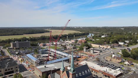 Event-Center-Being-Built-Next-To-First-Presbyterian-Church-In-Clarksville,-Tennessee-With-Cumberland-River-In-Background