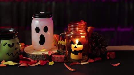 Halloween-spooky-jars.-Frankenstein,-ghost-and-pumpkin-