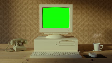 Vintage-Alter-Computer-Ein--Und-Ausschalten-Mit-Glitch-Green-Screen-Veralteter-Raum-4k
