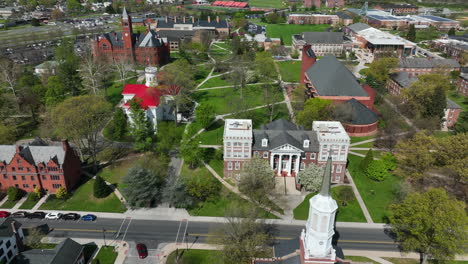 American-college-university-campus-aerial-establishing-shot-in-spring-season
