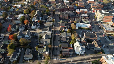 Aerial-View-of-Downtown-Concord,-New-Hampshire-State-Capital-City,-Flying-Above-Neighborhood-on-Sunny-Fall-Day,-Drone-Shot
