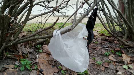 Plastic-bag-and-surgical-face-mask-hanging-on-branch-tree-polluting-environment,-static,-day