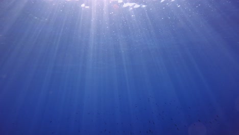 Unterwasseransicht-Des-Klaren-Wassers,-Das-Sich-Nach-Oben-Zur-Kräuselnden-Oberfläche-Neigt,-Mit-Sonnenlicht,-Das-Durchstrahlt,-Und-Einem-Fischschwarm-Im-Hintergrund-Am-Strand-Von-Paralia-Emplisi---Sich-Nach-Oben-Bewegende-Aufnahme