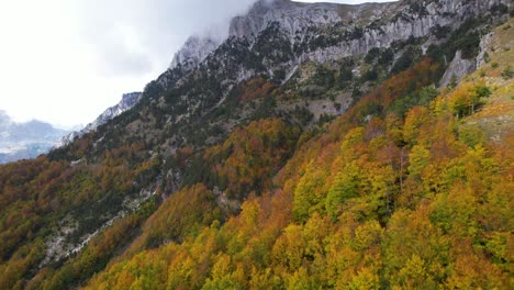 Goldene-Bäume-Und-Felsen-Am-Hang-Des-Berges,-Schöne-Herbstlandschaft-An-Einem-Bewölkten-Tag