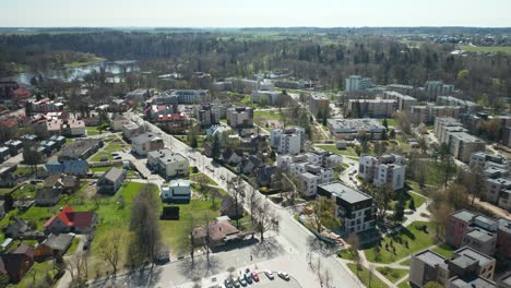 AERIAL:-Buildings-in-Birstonas-Town-on-Sunny-Spring-Day