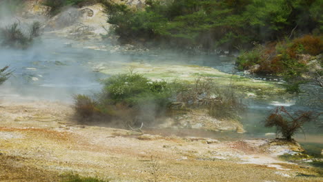 Panning-shot-of-boiling-natural-lake-river-at-Waimangu-national-park-during-sunlight---Steam-rising-up-of-hot-water---New-Zealand-Trip