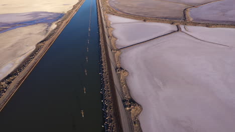 Pink-salt-flats-next-to-canal-and-train-tracks,-Utah,-aerial-view