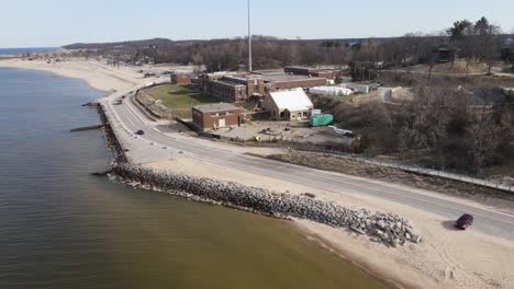 Aerial-turn-from-the-shore-to-the-lake-in-Early-Spring