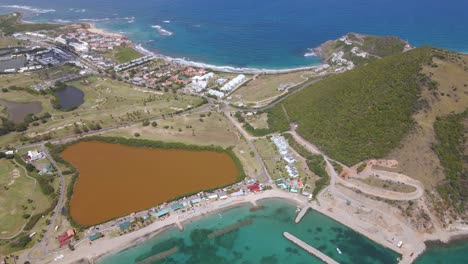 Aerial-view-overlooking-the-Frigate-Bay-beach-in-Saint-Kitts-and-Nevis---static,-drone-shot