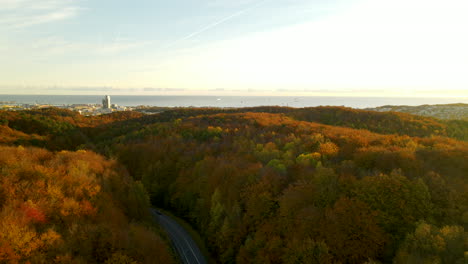 Aerial-backwards-shot-of-driving-cars-on-road-between-colorful-trees-in-autumn-and-Baltic-Sea-in-background---Country-Road-in-direction-Gdynia,Poland